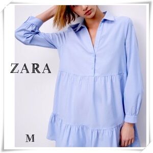 ZARA Tiered Ruffle Flowy Long Sleeve Smock Shirt Dress in Chambray Blue Size M